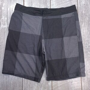 Prana Saxton Shorts Men 34 Grey Black Checkered Stretch Swim Trunks